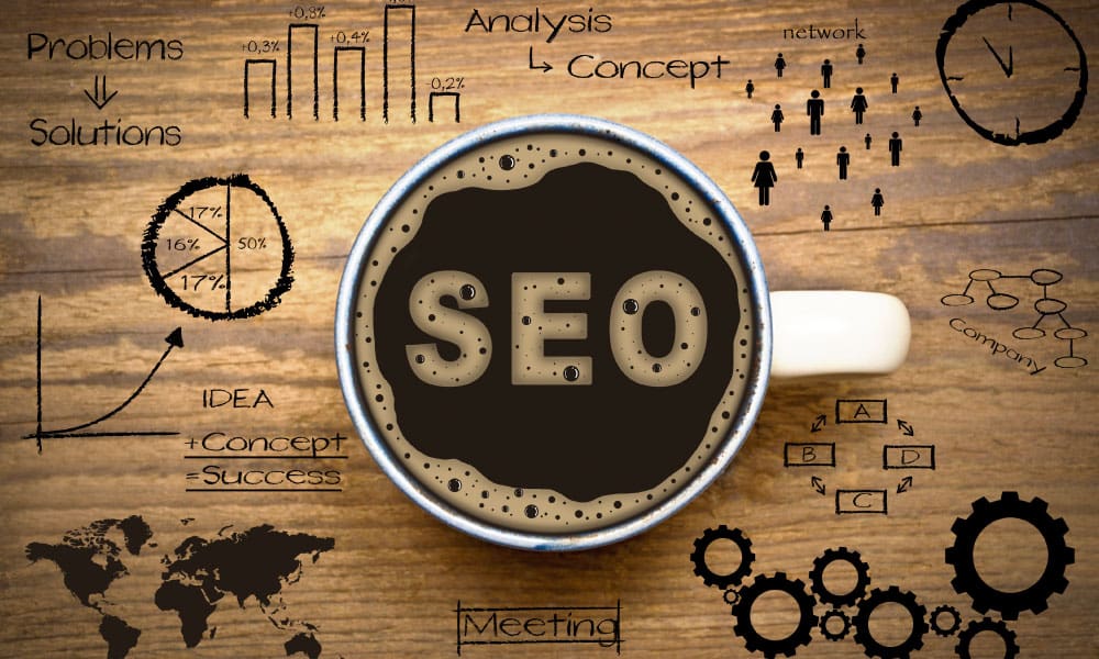 seo, google, search written in a coffeecup