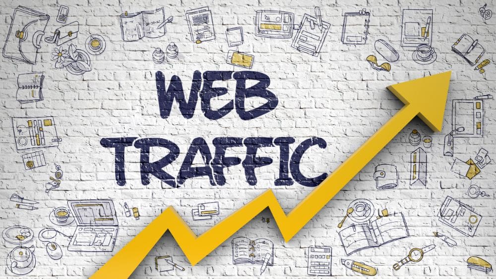 website traffic words on wall with arrow showing more traffic