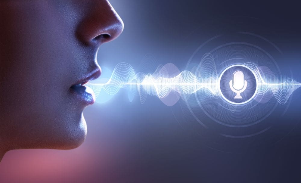 Voice search woman speaks into a microphone