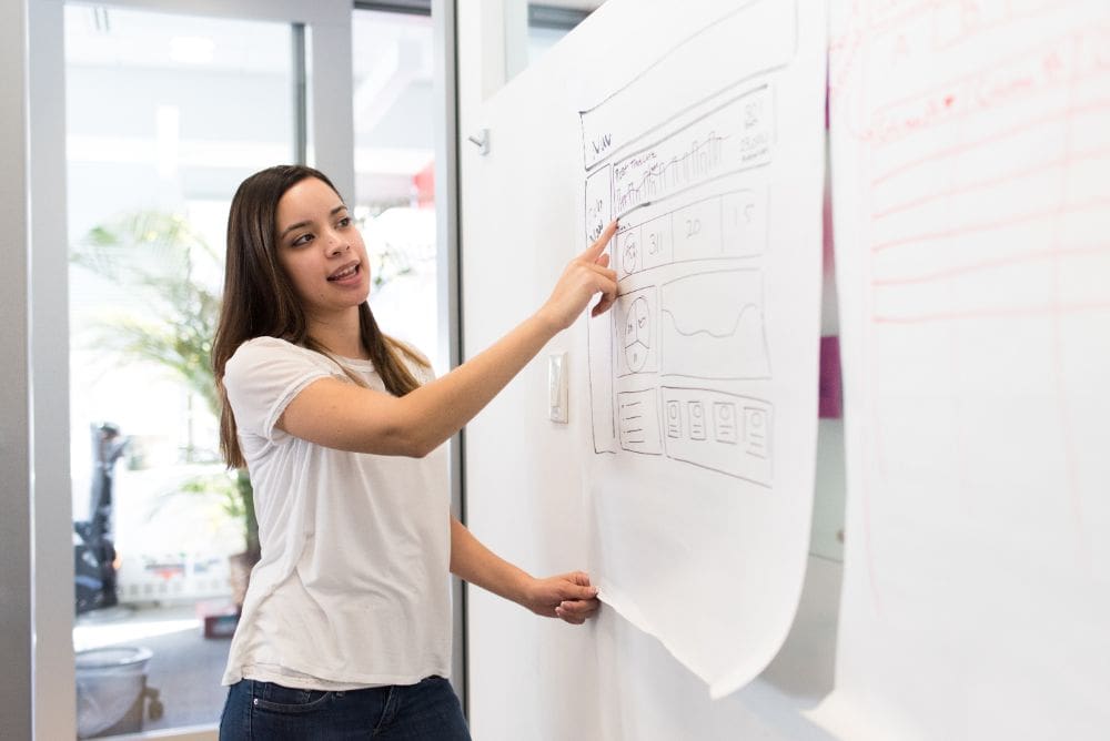 Woman explaining to her team on a whiteboard why poor links on their website shop need to be removed.