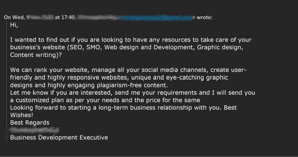 Screenshot from a spammy SEO consultant - Information has been hidden for privacy.